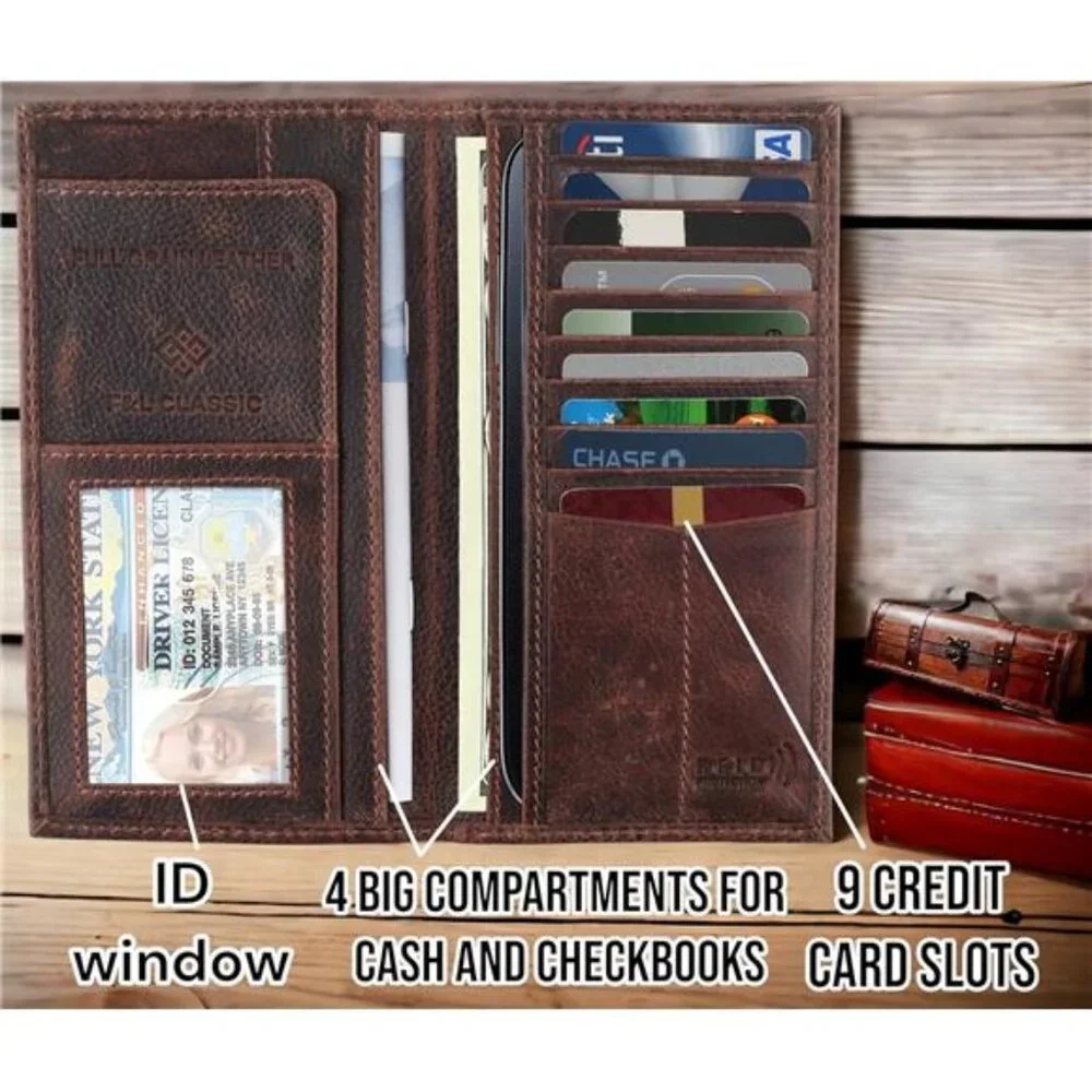 Classic Men's RFID Vintage Look Genuine Leather Long Bifold Wallet